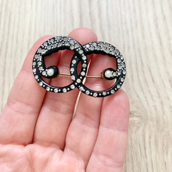 Broche En Argent Massif Art Déco Années 1920 - Poinçon Sanglier, Strass Et Perle