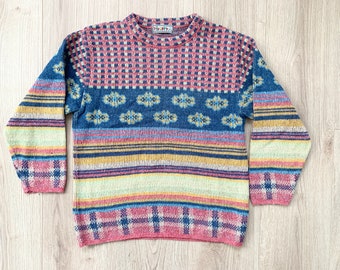 Colorful vintage 90s abstract print pastel multicolor funky sweater women sz small