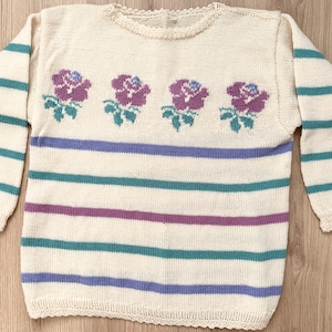 Vintage Hand Knit Floral Sweater: Lilac Purple Striped Jumper, Oversized XXL