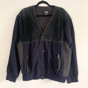 Suede navy knit leather oversize unisex patchwork 1980s bomber jacket sz 54 L XL