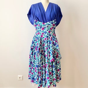 Vintage 80s Crazy Cocktail Peplum Maick Harold Paris Kitschy Avantgarde Blue Floral Tiered Unique Lace Skirt Dress Size Medium