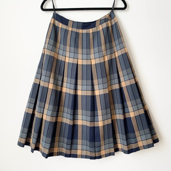 Vintage plissé Plaid Midi vérifié Preppy écolière jupe bleu marron taille haute classique collège des années 80 jupe taille petite/moyenne