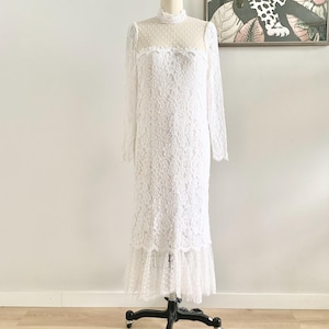Niesamowita Jessica McClintock vintage oryginalna 80s Gunne Sax Tulle Lace ślubna wiktoriańska boho szwajcarska kropka biała sukienka mała