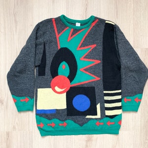 Crazy Comic Graphic Print 80s Party Sweater Xmas Pullover Jumper Medium