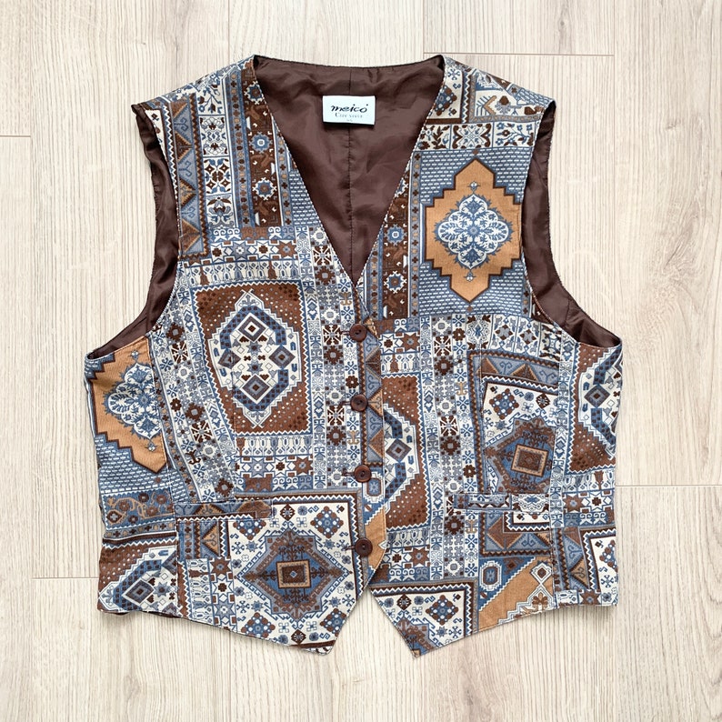 Vintage 90s Corduroy Tile Print Waistcoat With Pockets Mosaic Brown Vest Y2k Soft Gilet Size