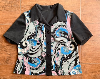 Vintage 70s Floral Paisley Buttondown Top: Plus Size XL Boho Shirt