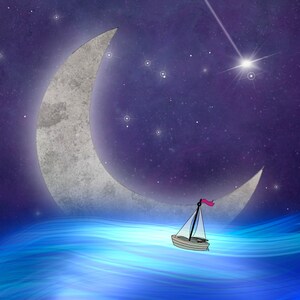 Crescent moon in bright space with sailboat digital download - digital art/painting