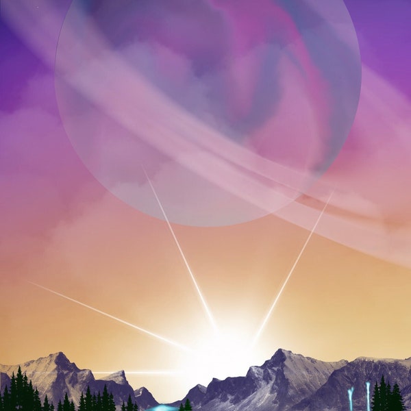 mysterious planet over mountain range with glowing waterfall and lake, alien world digital download - digital art/painting