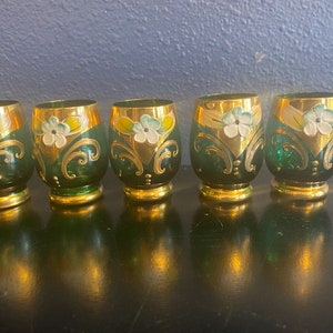 Vintage 1960&#39;s Vimax-Murano Glass-Green Cordial Glasses -Hand painted (5)-Made In Italy