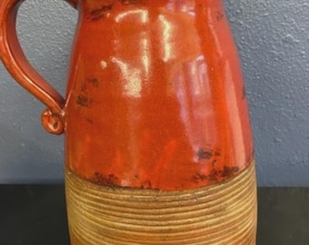 Rustic Red Stoneware Pitcher Vase with Grooved Pattern, 9" Height