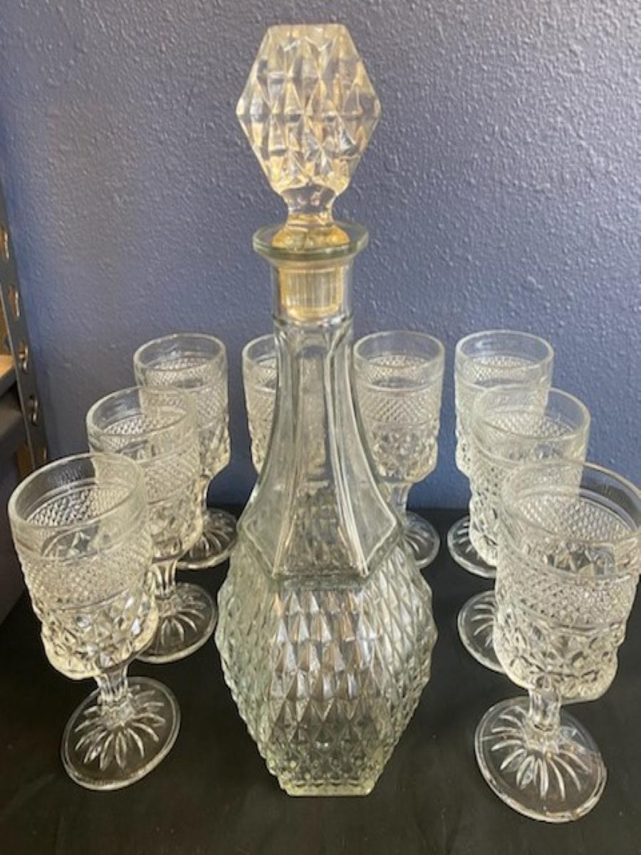 Beautiful & Unique 9-piece Vintage Cut Glass Diamond Pattern Decanter ...