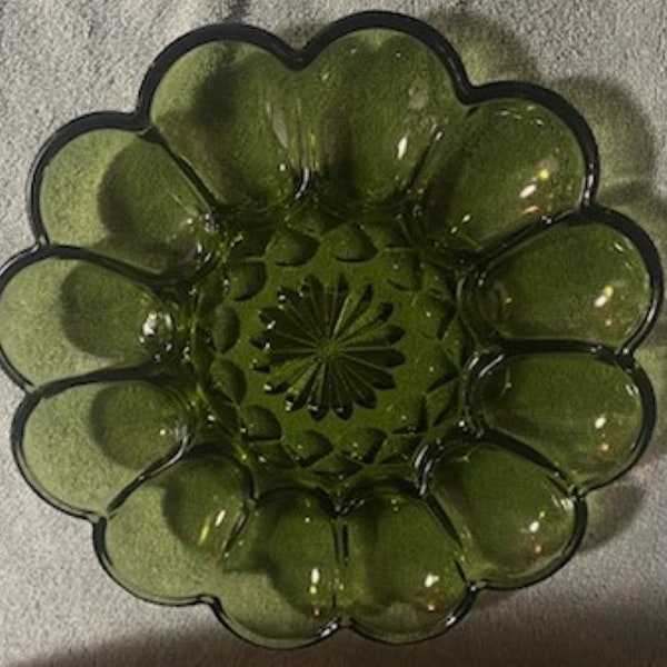 Vintage Exotic  1960s Anchor Hocking Green Glass Deviled Egg Serving Platter/Tray