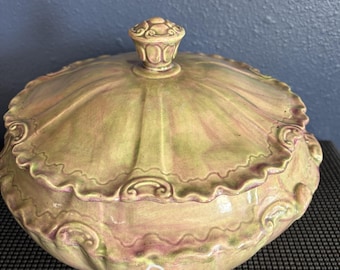 Vintage Handmade Ceramic Soup Tureen with Lid Scalloped Green Pink Glaze