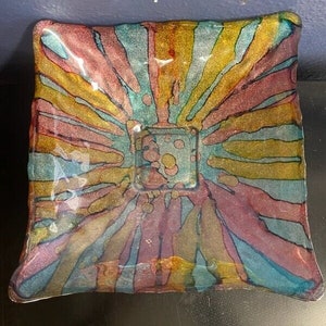IL Quadrifoglio Art Glass Square Bowl Glitter Bottom Gold Purple Aqua Swirl