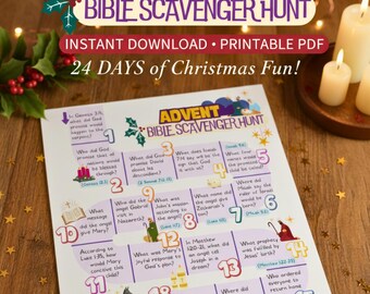 May include: Advent Bible Scavenger Hunt printable PDF with 24 days of Christmas fun. The white paper has colourful illustrations and questions. The top banner reads "Advent Bible Scavenger Hunt" in purple and yellow.