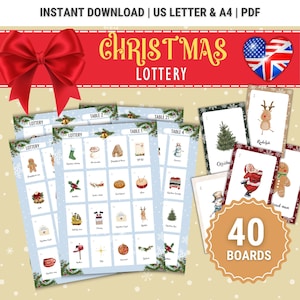 Weihnachtslotterie Spiel, druckbares Weihnachtsbingo-Kartenspiel, Kinderweihnachtsfeier Spiel, Weihnachtsklassenzimmer Aktivität, Weihnachtsfamilienspiel
