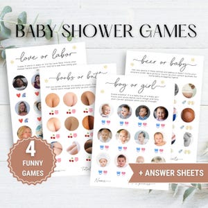 Bundel met minimalistische grappige babyshowerspellen - 4 leuke en hilarische spellen met antwoordvellen | Leuke gender-onthullende partygames | Direct downloaden