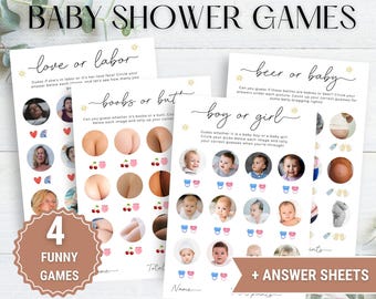 Paquete de juegos divertidos y minimalistas para baby shower: 4 juegos divertidos y divertidísimos con hojas de respuestas / Juegos divertidos para fiestas de revelación de género / Descarga instantánea