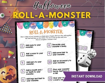 Könnte beinhalten: Ein druckbares Halloween-Spiel namens "Roll-A-Monster". Das Spiel enthält Anweisungen, um ein Monster auf ein Blatt Papier zu zeichnen und zwei Würfel zu würfeln, um zu bestimmen, welcher Körperteil des Monsters gezeichnet werden soll. Das Spiel enthält einen Satz Würfel und eine Monsterillustration.