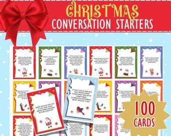 May include: A festive Christmas-themed digital download featuring conversation starter cards. The cards are in various colors with holiday-themed illustrations and text. A large red bow and the words "CHRISTMAS CONVERSATION STARTERS" are at the top. The image includes "100 CARDS".