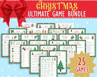 May include: A collection of 25 printable Christmas game cards featuring a variety of themes, including "Candy Match", "What's Your Elf Name?", "Jingle & Mingle Bingo", and "Roll-a-Tree".