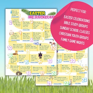 Puede incluir: Un tablero de juego de b&uacute;squeda del tesoro b&iacute;blico de Pascua colorido con 30 casillas. Cada casilla tiene una pregunta sobre la historia de Pascua de la Biblia. El juego es perfecto para las celebraciones de Pascua, los grupos de estudio b&iacute;blico, las clases de la escuela dominical, los grupos de j&oacute;venes cristianos y las noches de juegos familiares.