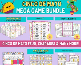 Pakiet gier MEGA Cinco de Mayo, gry Fiesta do druku dla dzieci i dorosłych, gry imprezowe Cinco de Mayo, zabawne gry rodzinne Fiesta Mexican Party