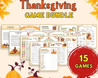 May include: A digital download bundle of 15 Thanksgiving games. The games are displayed on a background of fall leaves and pumpkins. The text "Thanksgiving Game Bundle" is in large, bold letters at the top of the image. The text "15 Games" is in a large circle at the bottom of the image.