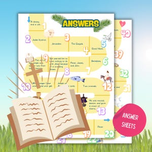 Puede incluir: Un tablero de juego colorido con ilustraciones y texto sobre la historia de Jes&uacute;s. El tablero es amarillo con acentos azules, verdes, rojos y naranjas. El tablero de juego se titula "Respuestas".