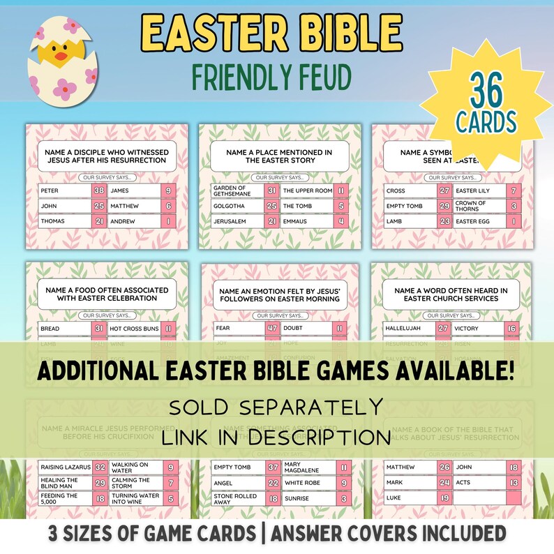 Puede incluir: Un juego de la Biblia de Pascua imprimible para ni&ntilde;os. El juego se llama "Friendly Feud" y tiene 36 cartas. Las cartas son rosas y verdes con un patr&oacute;n floral. Las cartas tienen preguntas sobre la historia de Pascua y los s&iacute;mbolos. El juego est&aacute; dise&ntilde;ado para ser jugado por dos equipos.