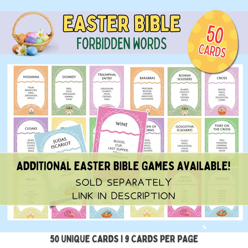 Puede incluir: Un juego de 50 cartas de palabras prohibidas de la Biblia de Pascua. Las cartas son coloridas y presentan ilustraciones de s&iacute;mbolos de Pascua. Las cartas est&aacute;n dispuestas en una cuadr&iacute;cula con el t&iacute;tulo "Easter Bible Forbidden Words" en la parte superior. El texto "50 Cards" est&aacute; en un &oacute;valo rosa en la esquina superior derecha de la imagen.