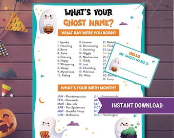 Halloween Ghost Name Game, What's Your Ghost Name Game WITH NAMETAGS & SIGN, Birthday Ghost Spooky Party, Halloween Icebreaker Group Game