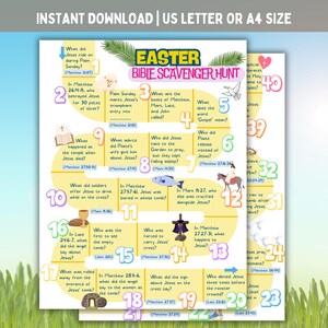 Puede incluir: Un imprimible de b&uacute;squeda del tesoro b&iacute;blico de Pascua colorido con 24 casillas, cada una con una pregunta sobre la historia de Pascua. Las preguntas se basan en los vers&iacute;culos b&iacute;blicos que se enumeran en cada casilla. Este imprimible es perfecto para una actividad de Pascua divertida y educativa para ni&ntilde;os.