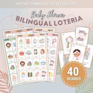 Loteria bilíngue para chá de bebê: pastéis multicoloridos, bingo mexicano para chá de bebê, loteria chá de bebê inglês e espanhol, jogo para chá de bebê