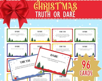 May include: A set of 96 Christmas-themed truth or dare cards. The cards are red, yellow, and blue with white snowflakes. The cards feature a variety of Christmas-themed dares and truths.