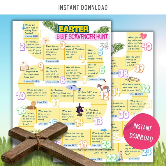 Easter Bible Scavenger Hunt | Fun Printable Easter Trivia Game for Kids & Adults | Church, Sunday School, Family Activity