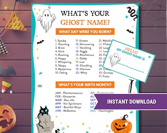 Halloween Ghost Name Game, What's Your Ghost Name Game WITH NAMETAGS & SIGN, Birthday Ghost Spooky Party, Halloween Icebreaker Group Game
