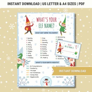 May include: A printable Christmas elf name generator with a blue background and illustrations of elves. The printable includes a list of elf names based on the day and month of your birth. The text "What's Your Elf Name?" is at the top of the printable.