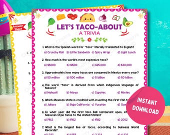 Fiesta Taco Kleinigkeiten | Mexikanische Fiesta Druckbare Spiele | Tacos Fakt oder Fiktion Essen Quiz | Geburtstag & Betriebsfeier | Digitaler Download