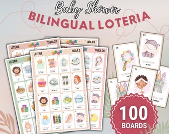 Tweetalige babyshower: veelkleurige pastels, Mexicaanse babyshowerbingo, Lotería Babyshower Engels en Spaans, Juego para babyshower