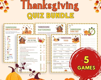 Pode incluir: Um pacote de questionários de Ação de Graças com cinco jogos: Pictionary de emojis, Scattergories, Pense rápido, Fato ou Mito e Trivia. Os jogos têm um tema de Ação de Graças com ilustrações de perus, abóboras e outros elementos outonais.
