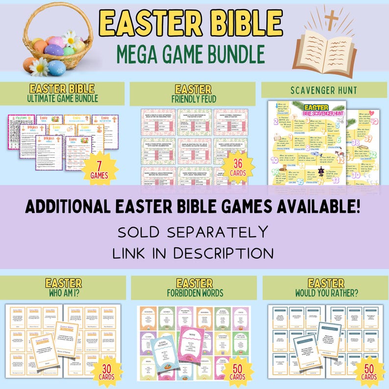 Puede incluir: Una descarga digital colorida para juegos de la Biblia de Pascua. La imagen muestra un paquete de 7 juegos, que incluye un paquete de juegos definitivo, un juego de disputa amistosa, una b&uacute;squeda del tesoro, un juego de qui&eacute;n soy, un juego de palabras prohibidas y un juego de &iquest;preferir&iacute;as?. La imagen tambi&eacute;n incluye el texto "Easter Bible Mega Game Bundle" y "Additional Easter Bible Games Available!"