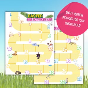 Puede incluir: Un tablero de juego de b&uacute;squeda del tesoro b&iacute;blico de Pascua imprimible amarillo y blanco con los n&uacute;meros del 1 al 39. El tablero presenta im&aacute;genes de un cordero, una paloma, un pez, una cruz, una corona de espinas, pan, un c&aacute;liz y una tumba.