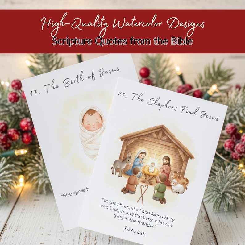 Watercolor Nativity Story Advent Calendar Cards for Kids & Family, 25 ...