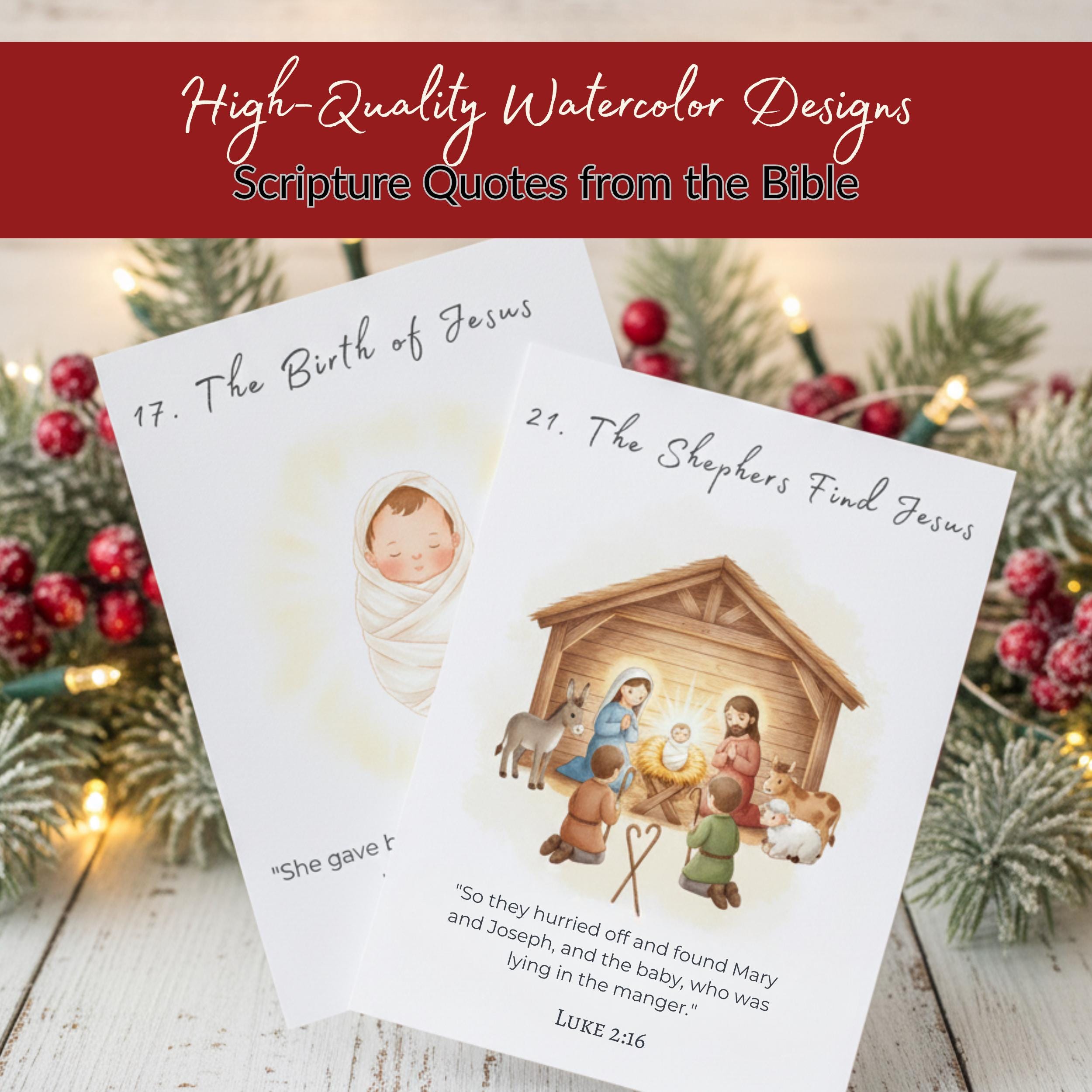 Watercolor Nativity Story Advent Calendar Cards for Kids & Family, 25 ...