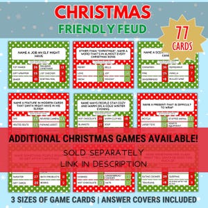 May include: A set of 77 Christmas-themed game cards with red and green backgrounds. The cards feature various Christmas-themed questions and answers. The cards are titled "Christmas Friendly Feud".