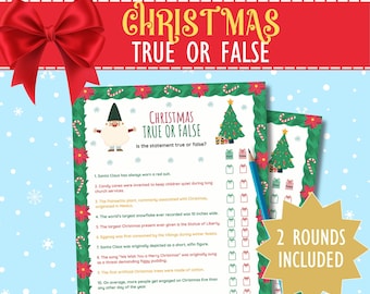 May include: A printable Christmas true or false game with two rounds. The game features a red and green Christmas tree, a gnome, and candy canes. The questions include facts about Santa Claus, candy canes, the Poinsettia plant, snowflakes, and eggnog.