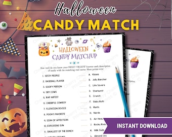 Könnte beinhalten: Ein druckbares Halloween-Bonbon-Matching-Spiel mit einem schwarz-weißen Spinnennetz-Hintergrund. Das Spiel enthält eine Liste von Bonbonnamen und Beschreibungen, wie z. B. "Verrückte Leute" und "Baseballspieler". Die Spieler müssen die Bonbonnamen mit den Beschreibungen abgleichen.