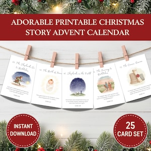 Puede incluir: Adorable calendario de adviento de historias navideñas imprimible con 25 tarjetas. Las tarjetas están sujetas con pinzas de madera en una cuerda. Cada tarjeta presenta una ilustración de acuarela y texto de la Biblia. También se ven las palabras "Descarga instantánea".