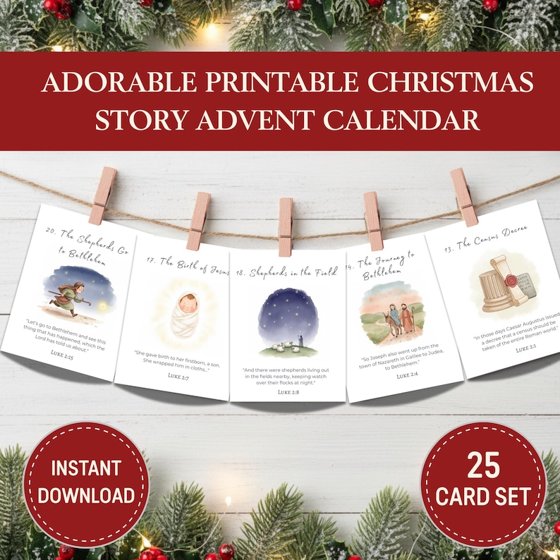 Watercolor Nativity Story Advent Calendar Cards for Kids & Family, 25 ...